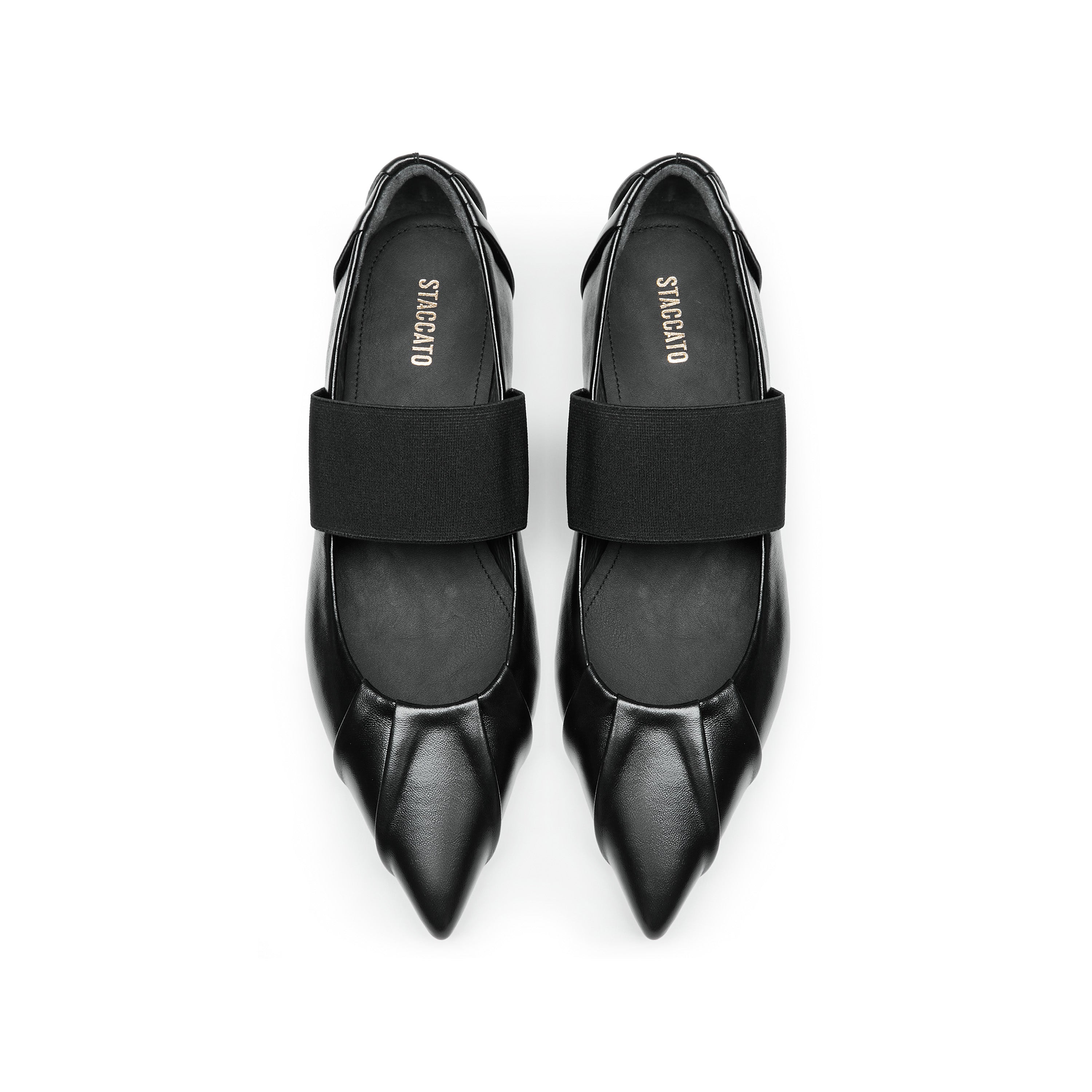 Black Pleated Leather Pointed Ballerina Flats
