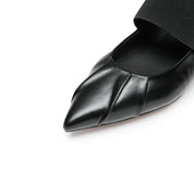 Black Pleated Leather Pointed Ballerina Flats