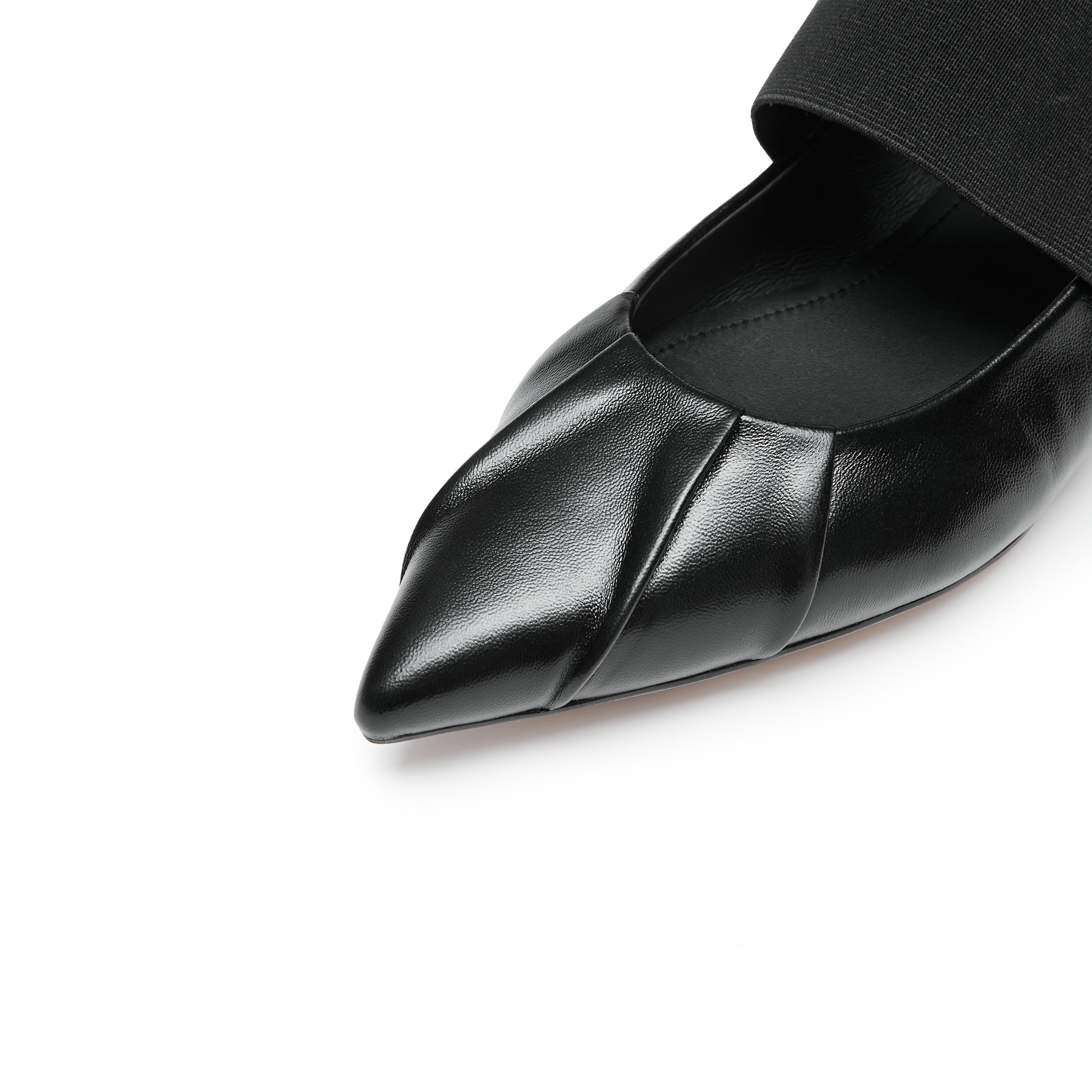 Black Pleated Leather Pointed Ballerina Flats