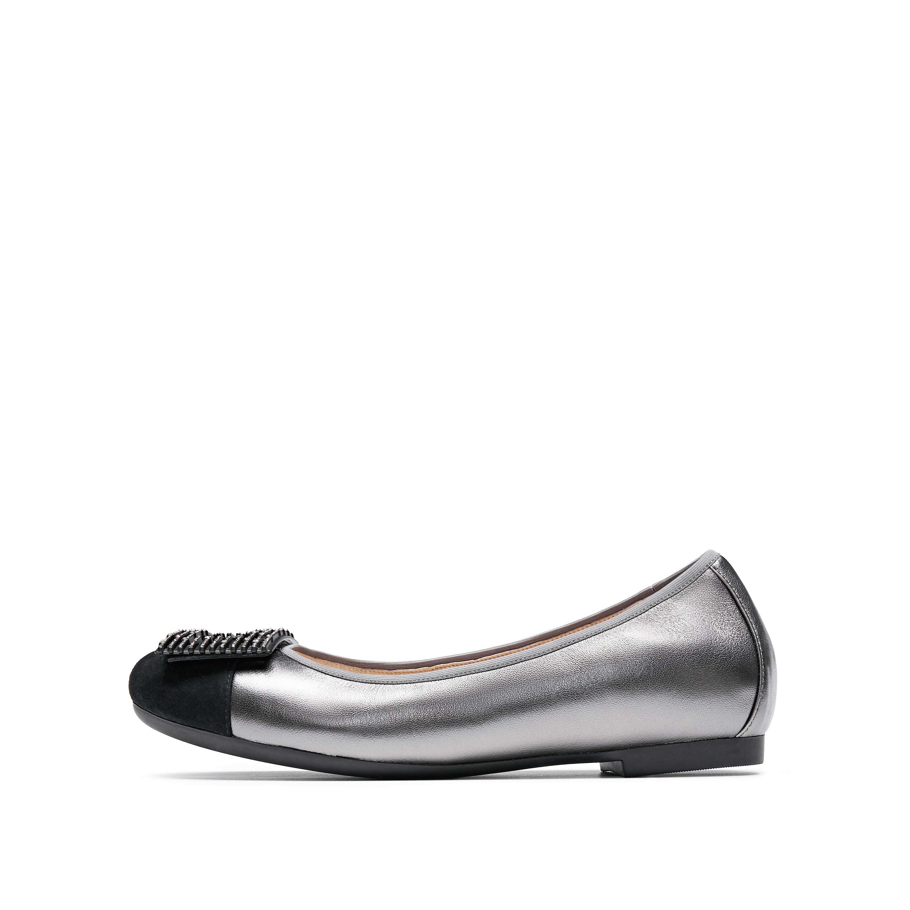 Silvery Grey Square Buckle Leather Ballerina Flats