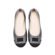 Silvery Grey Square Buckle Leather Ballerina Flats