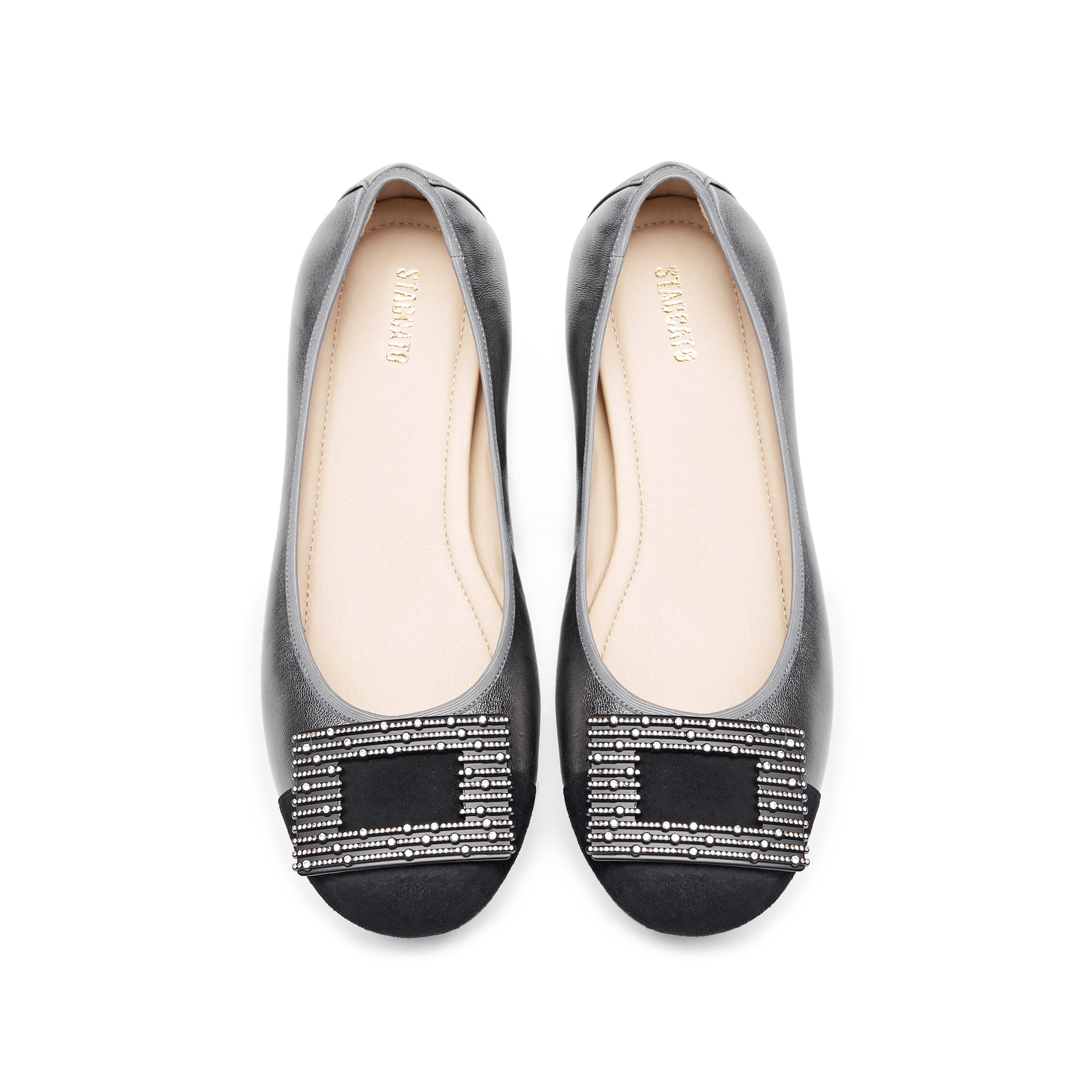 Silvery Grey Square Buckle Leather Ballerina Flats