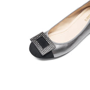 Silvery Grey Square Buckle Leather Ballerina Flats