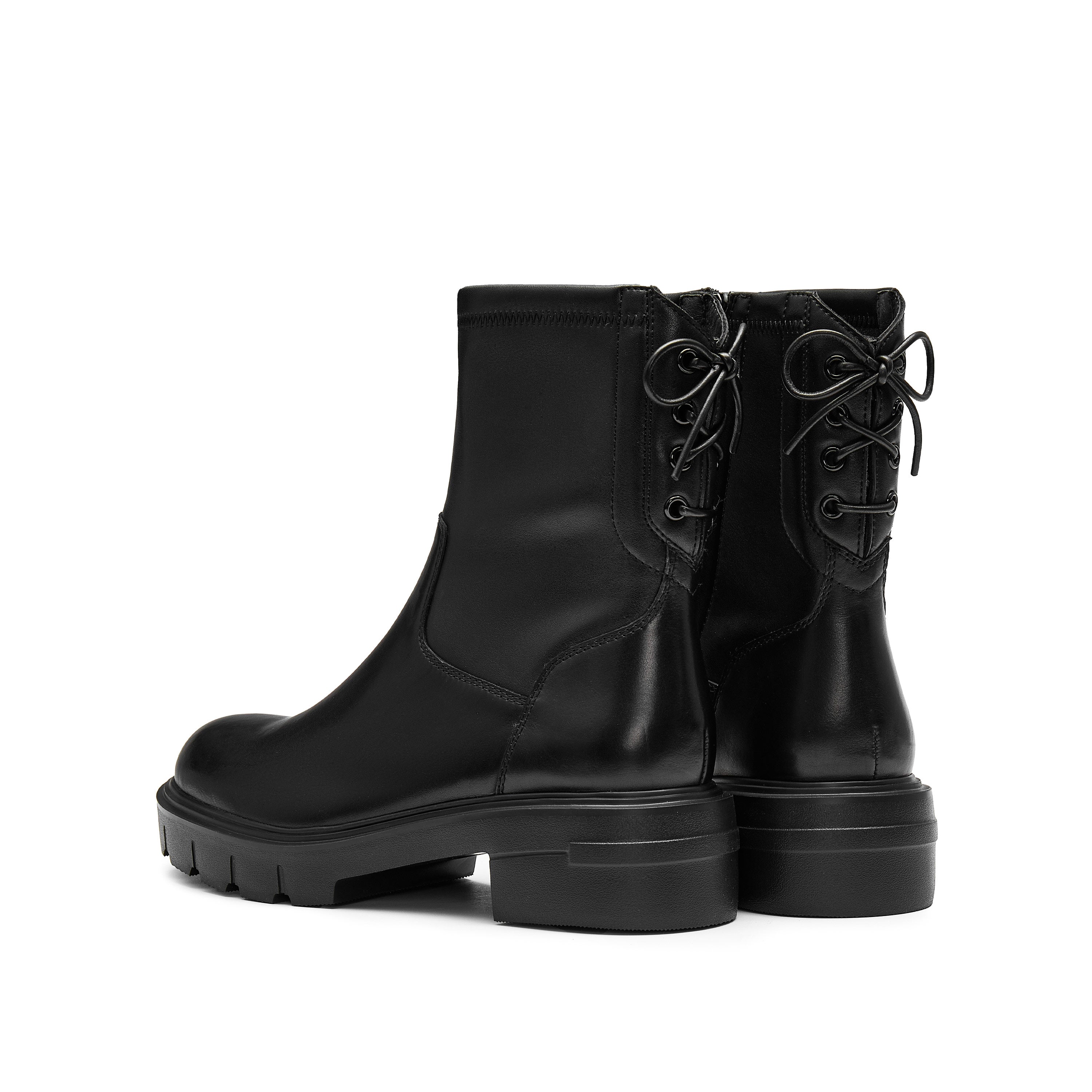 Black Leather Back Lace Up Chunky Boots