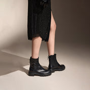 Black Leather Back Lace Up Chunky Boots