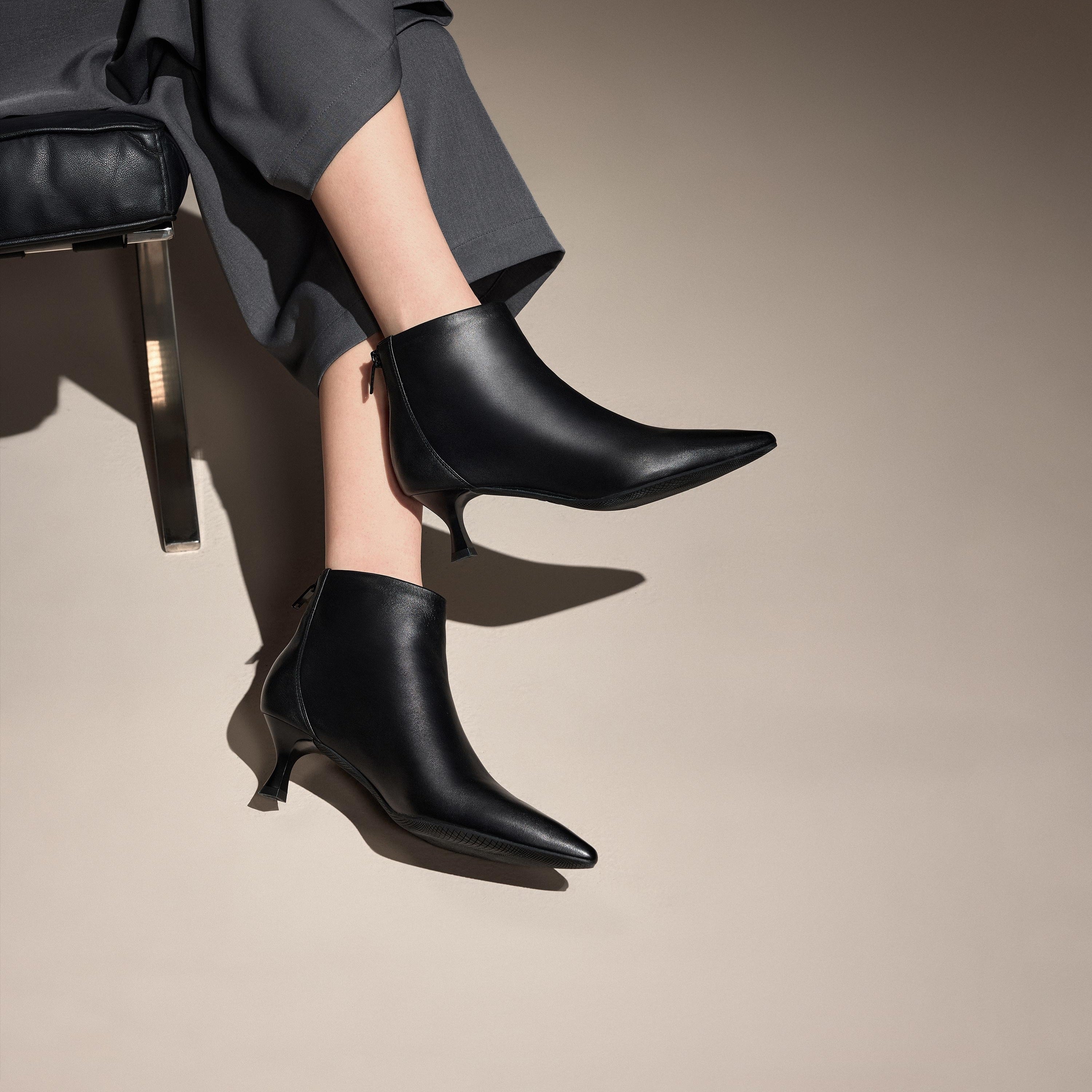 Black Pointy Leather Ankle Boots