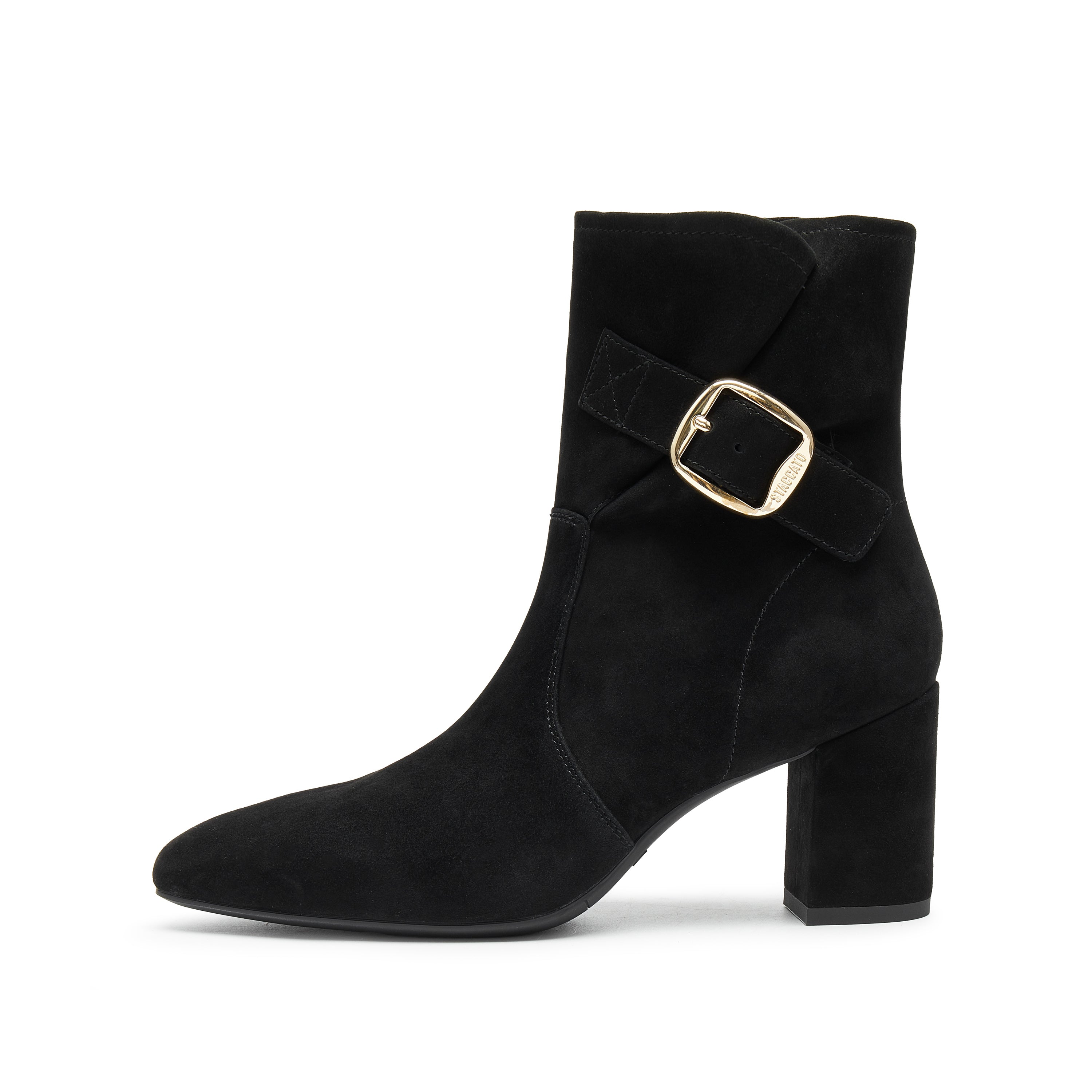 Black Buckle Suede Ankle Heeled Boots