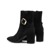 Black Buckle Suede Ankle Heeled Boots