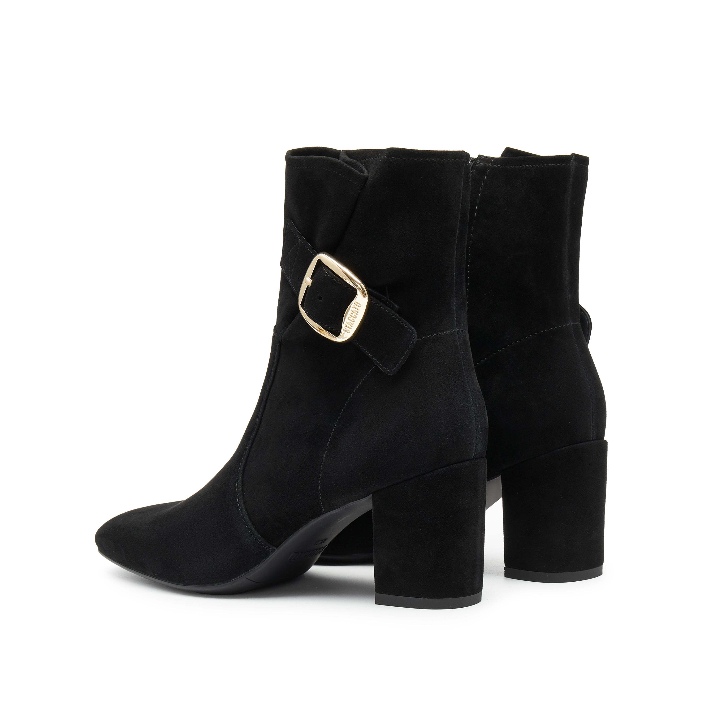 Black Buckle Suede Ankle Heeled Boots