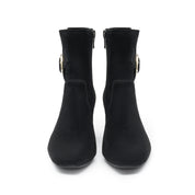 Black Buckle Suede Ankle Heeled Boots