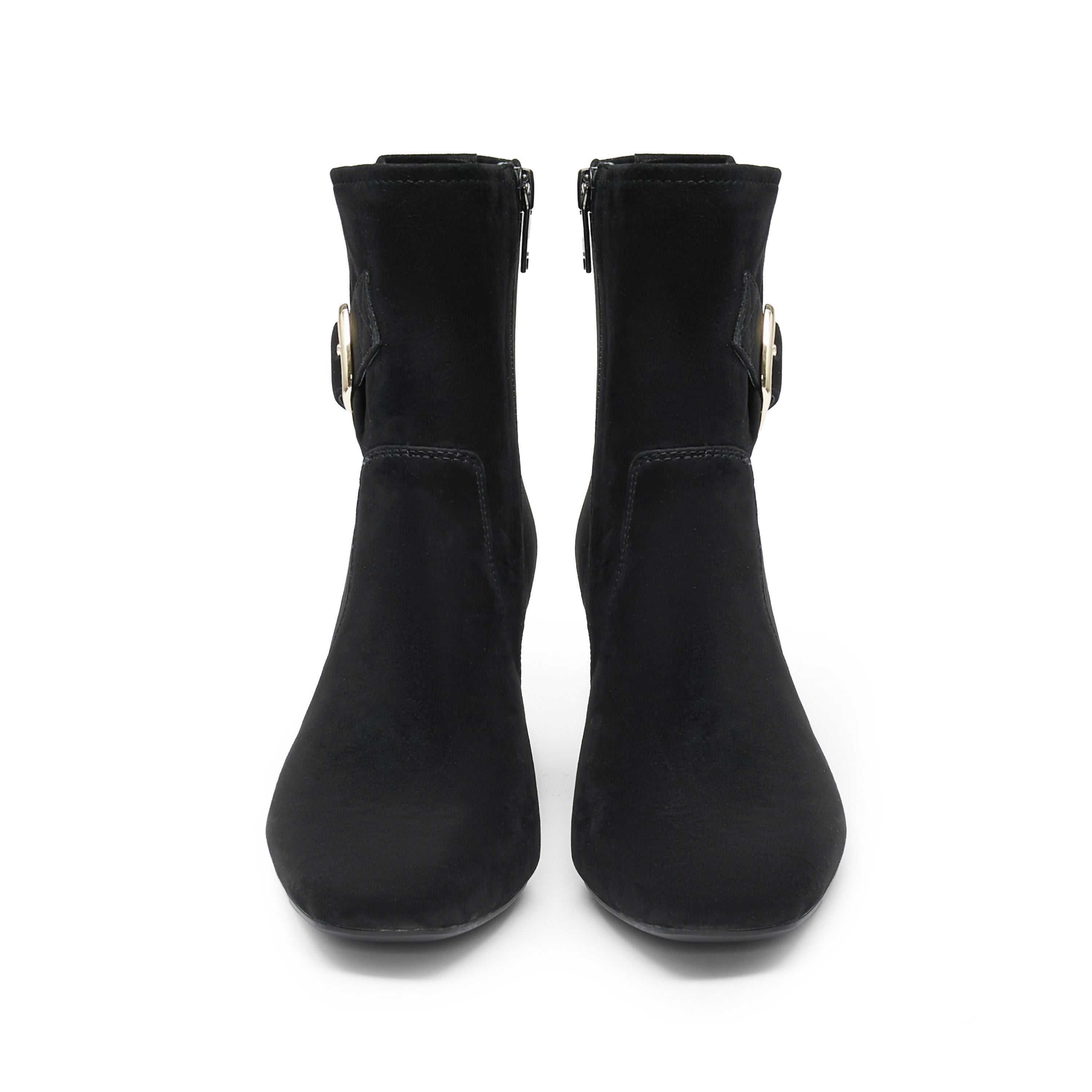 Black Buckle Suede Ankle Heeled Boots