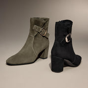Black Buckle Suede Ankle Heeled Boots