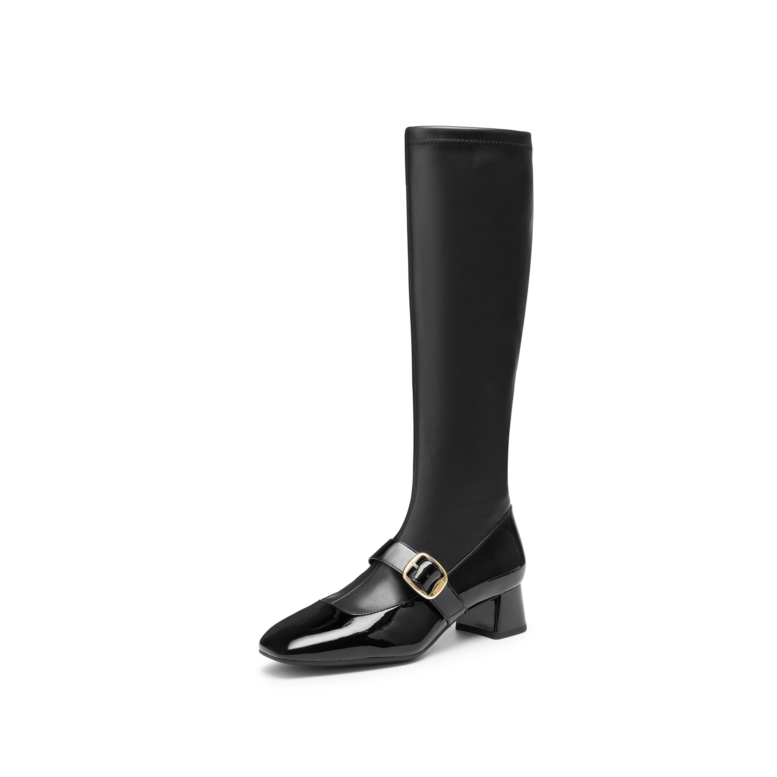 Black Golden Buckle Softy Leather Long Boots