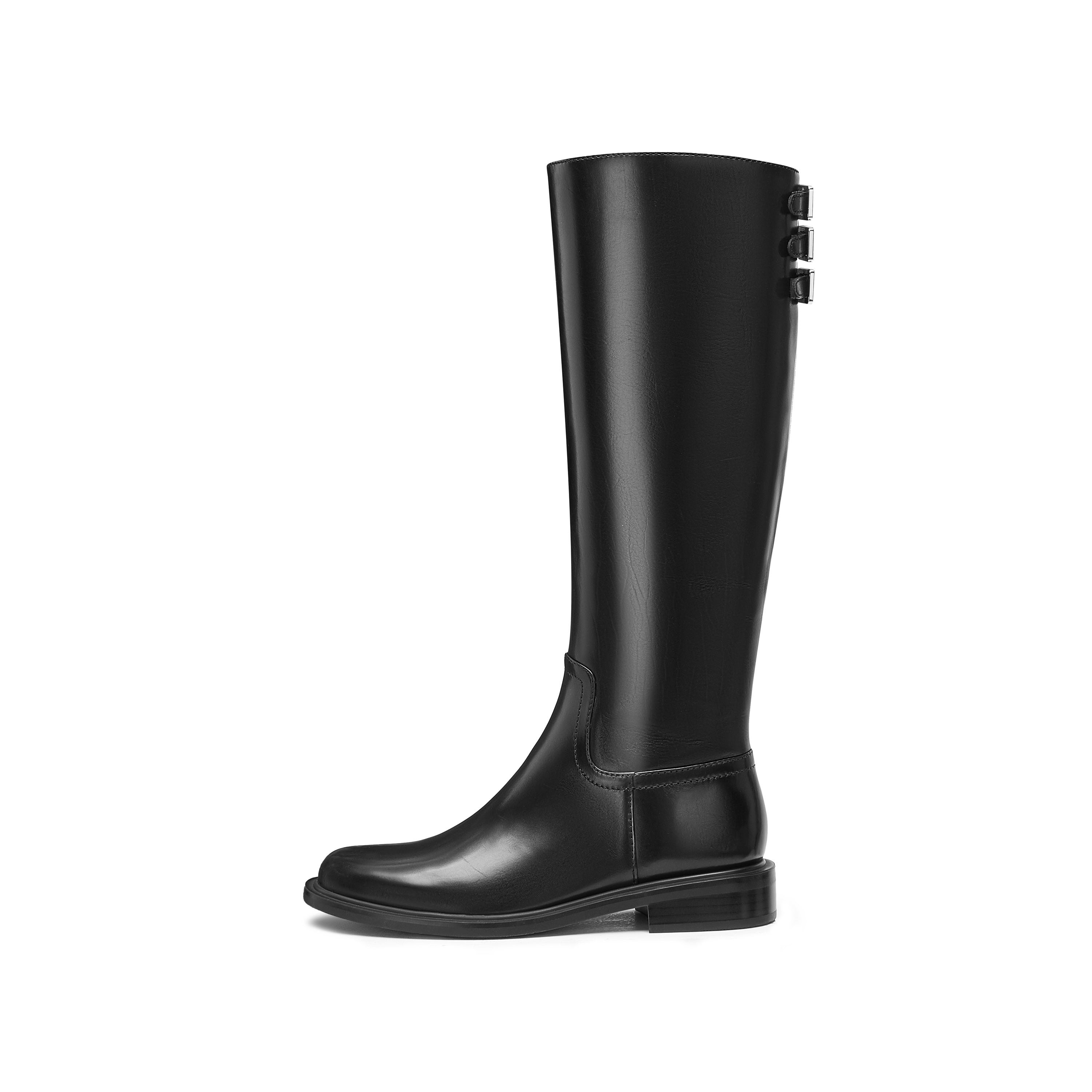 Black Back Strappy Leather Knee High Boots