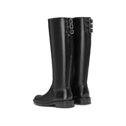 Black Back Strappy Leather Knee High Boots