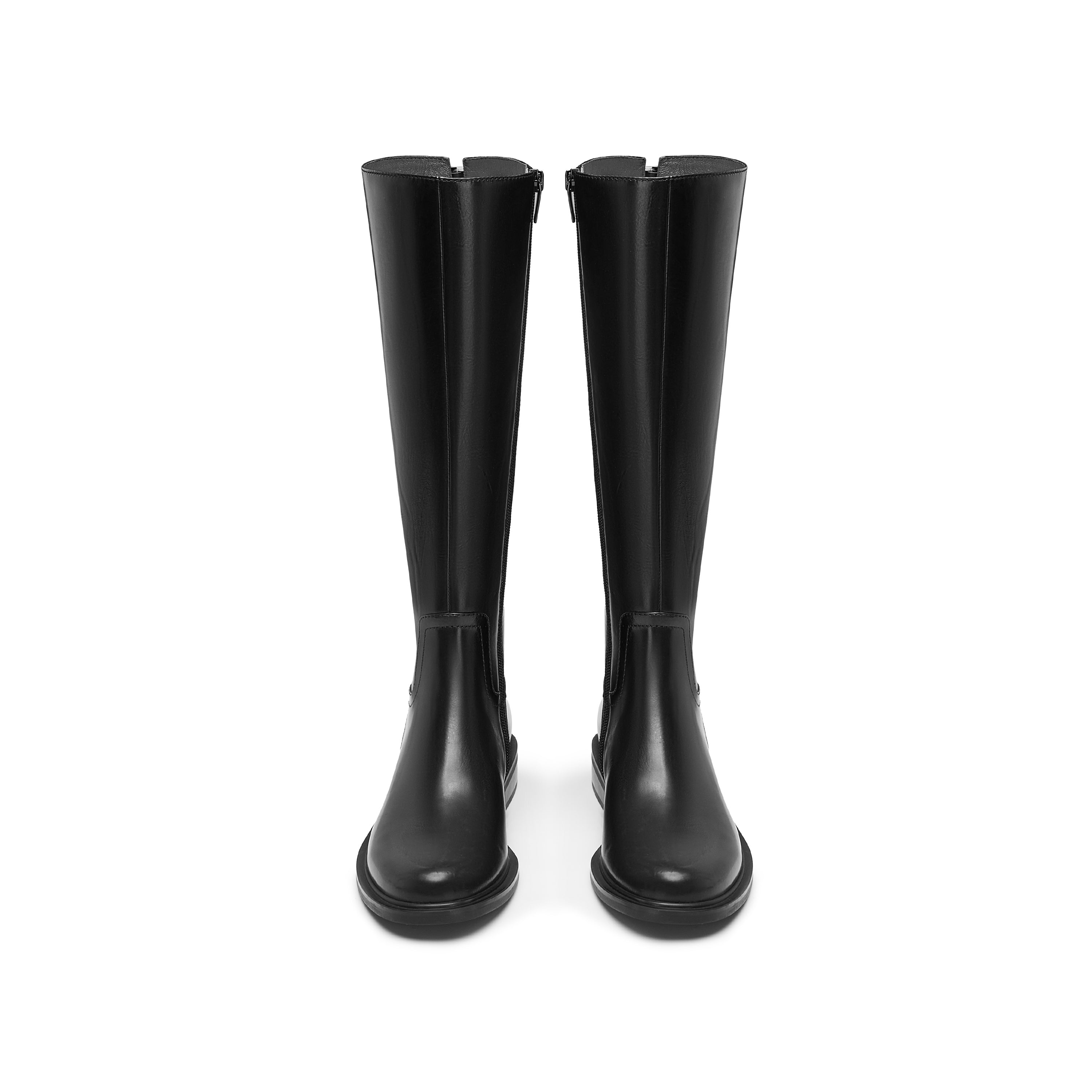 Black Back Strappy Leather Knee High Boots