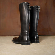 Black Back Strappy Leather Knee High Boots