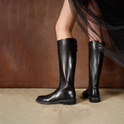 Black Back Strappy Leather Knee High Boots