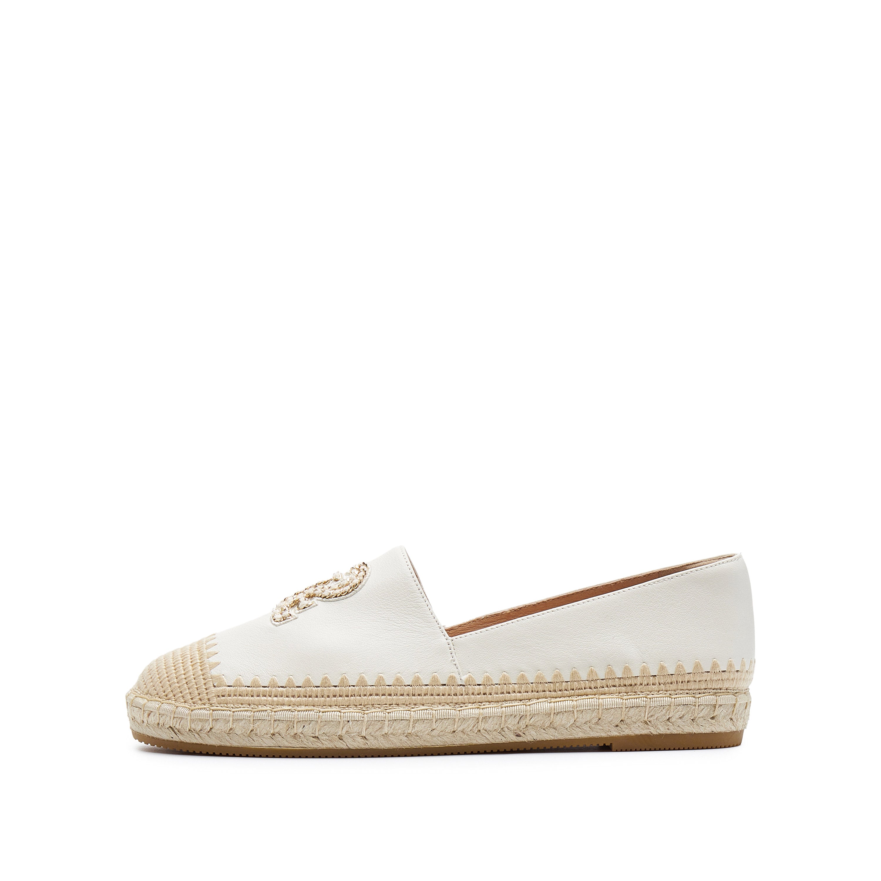 White Golden Chain Logo Leather Espadrilles