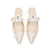 Crystal-Pearl Strap Jacquard Mule Flats