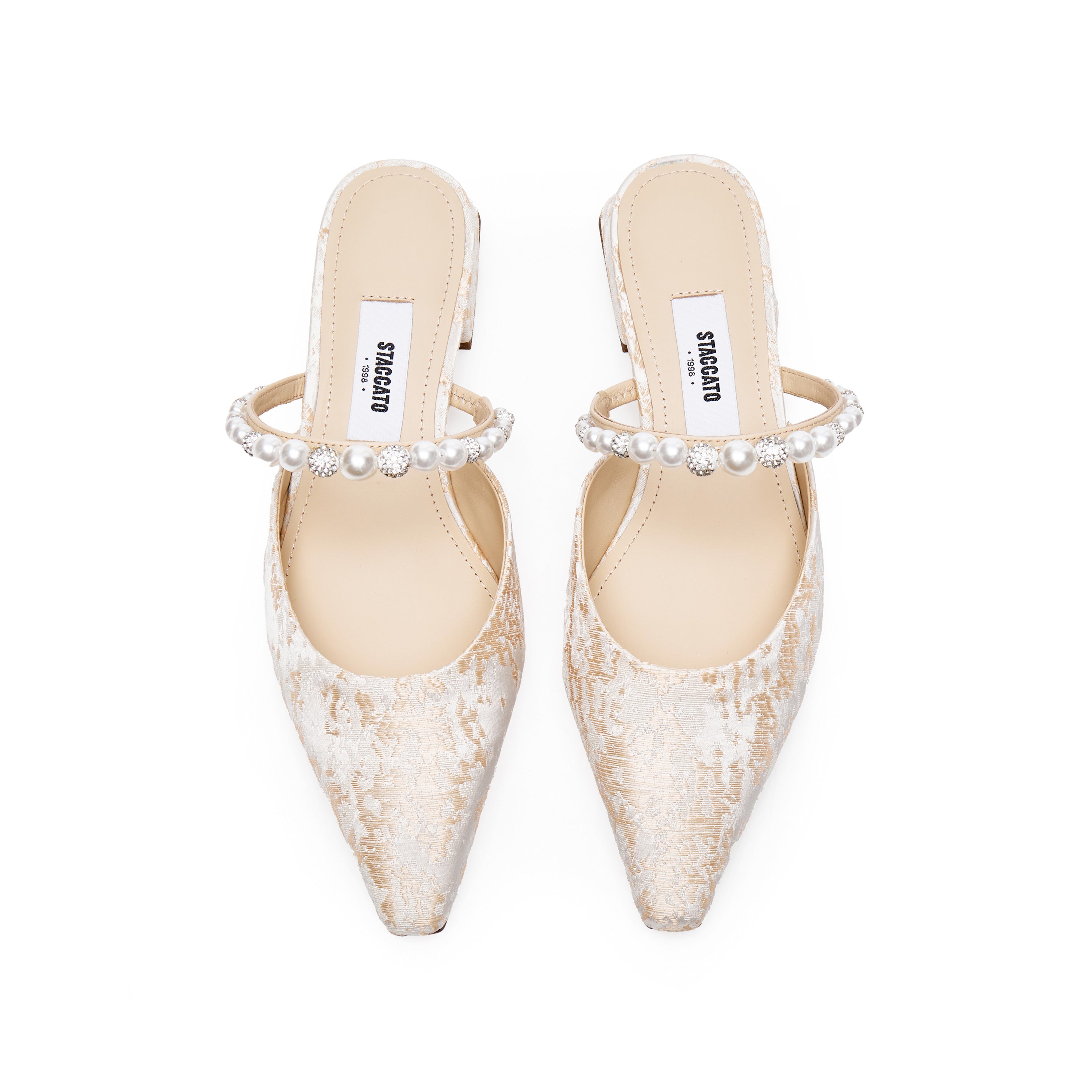 Crystal-Pearl Strap Jacquard Mule Flats