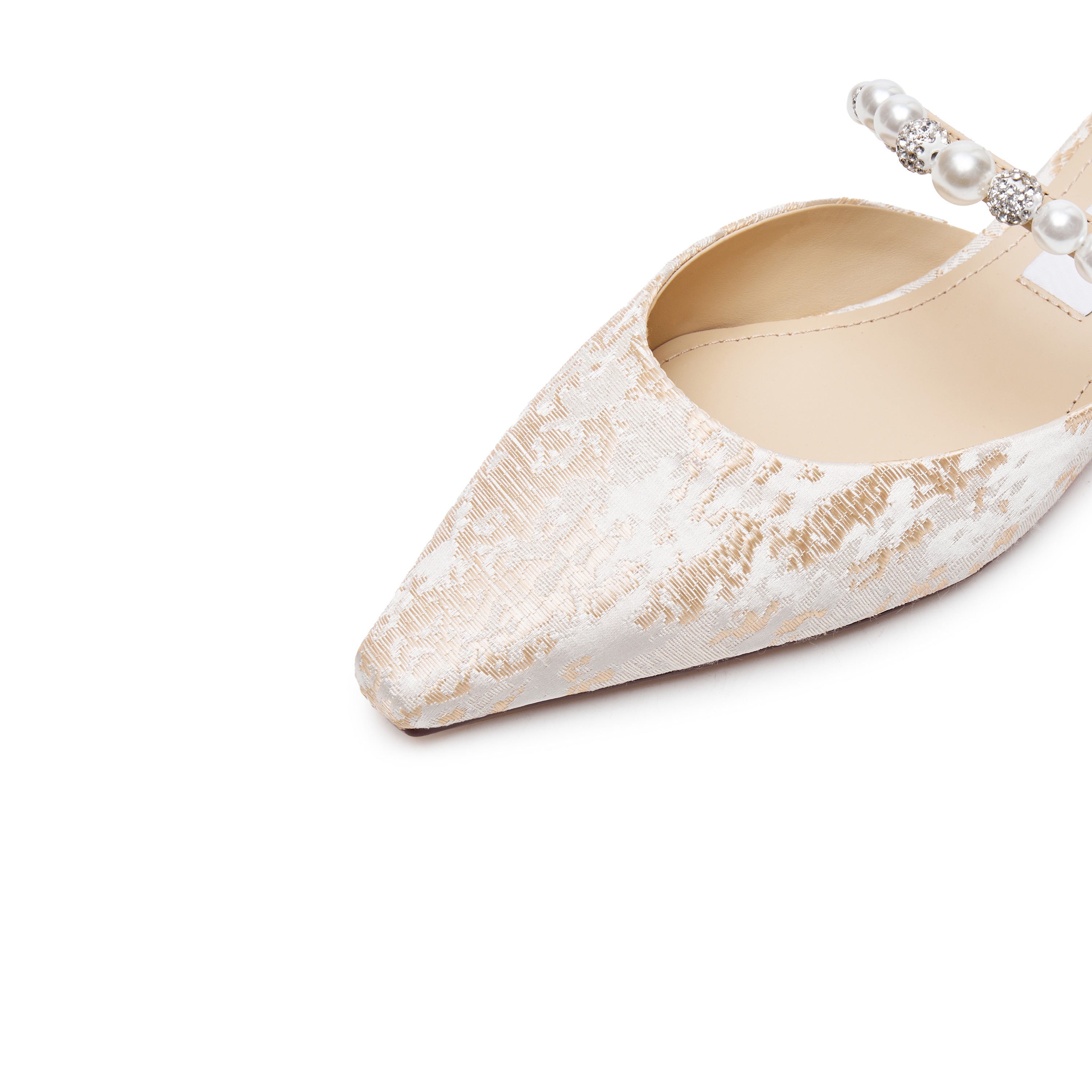 Crystal-Pearl Strap Jacquard Mule Flats