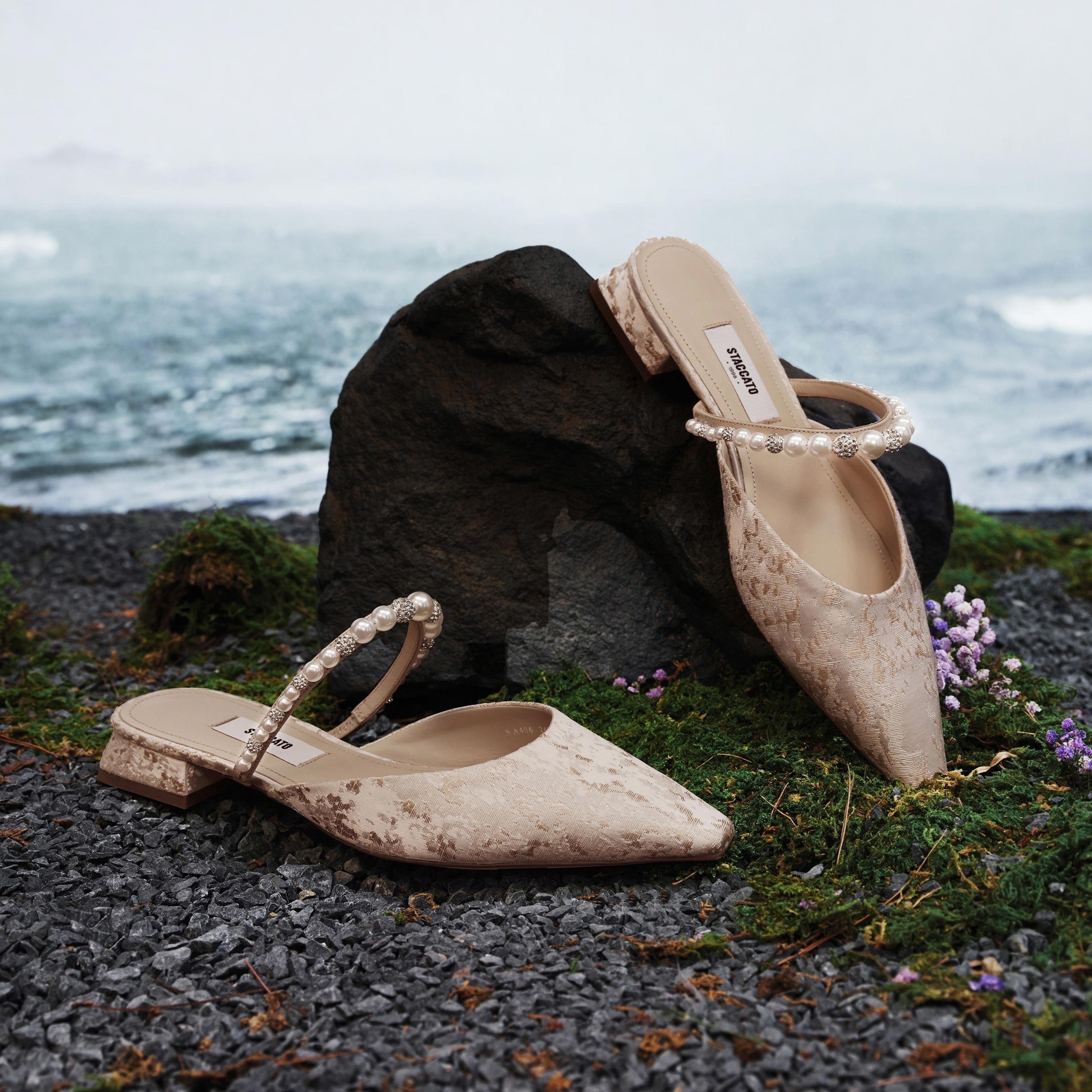 Crystal-Pearl Strap Jacquard Mule Flats