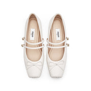 White Bow Strappy Ballerina Flats