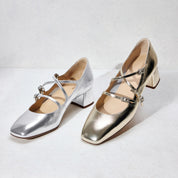 Light Gold Metallic Strappy Heeled Mary Jane