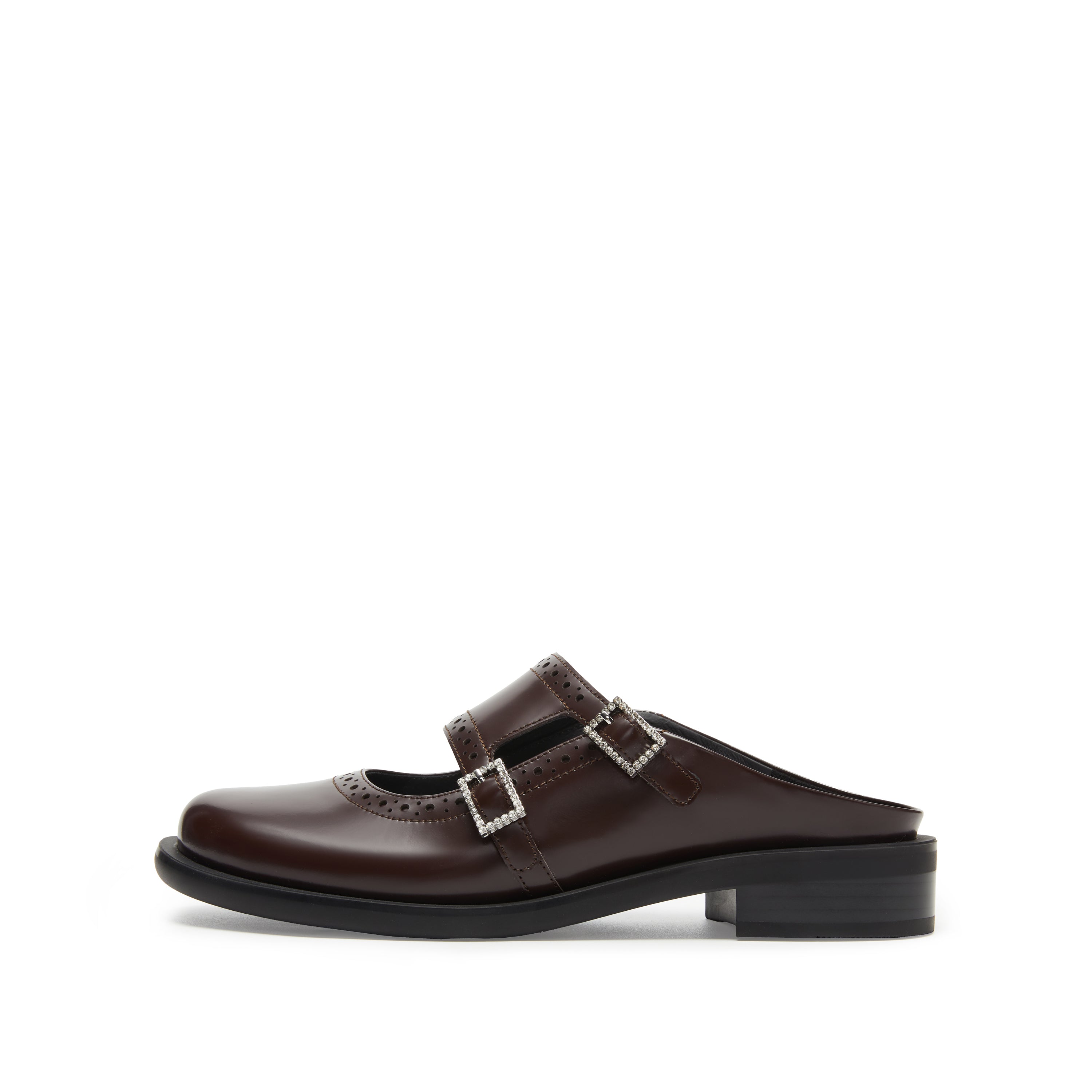 Black Leather Crystal Buckle Slip On Loafers