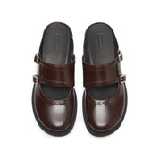 Brown Leather Crystal Buckle Slip On Loafers