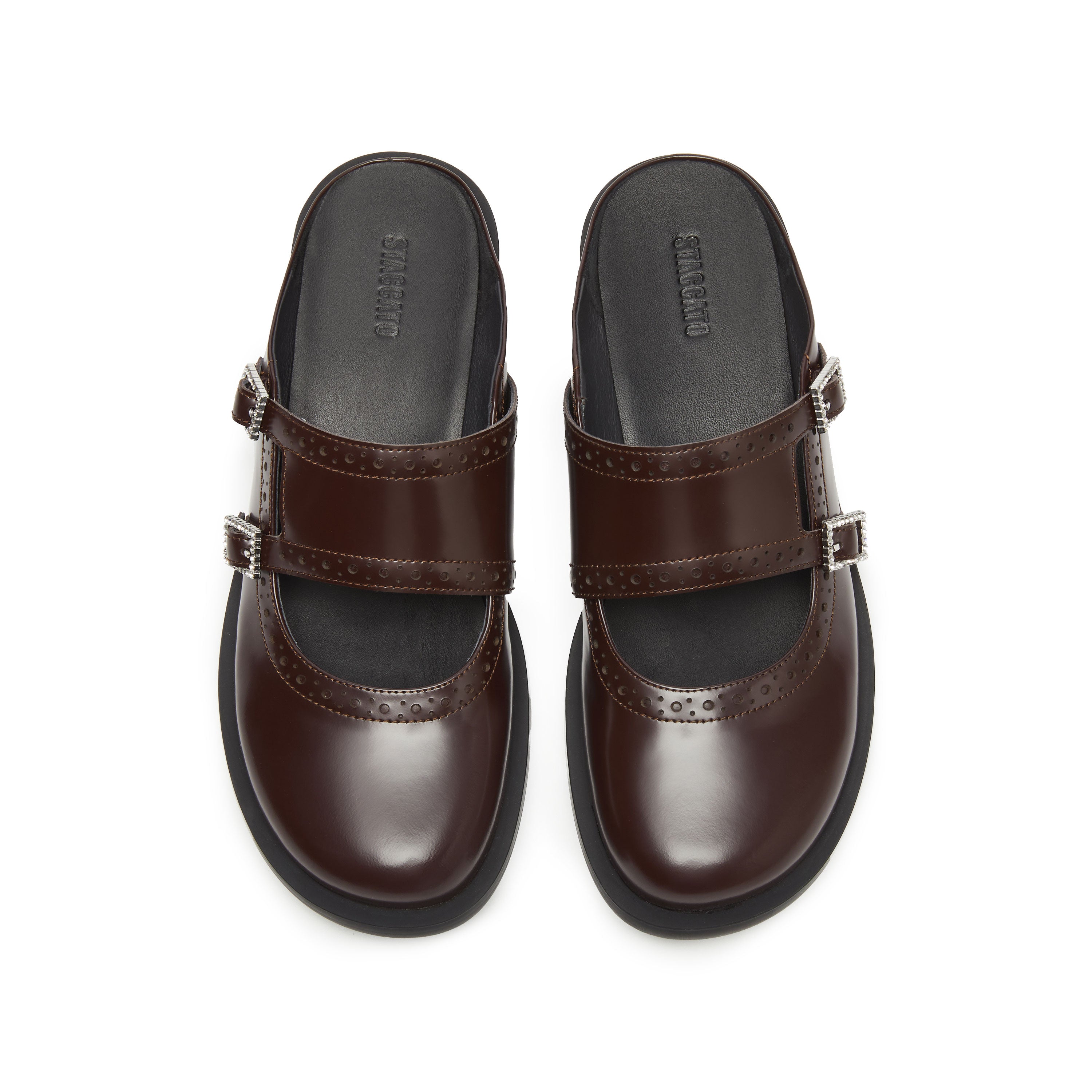 Brown Leather Crystal Buckle Slip On Loafers