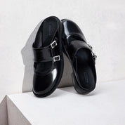 Brown Leather Crystal Buckle Slip On Loafers