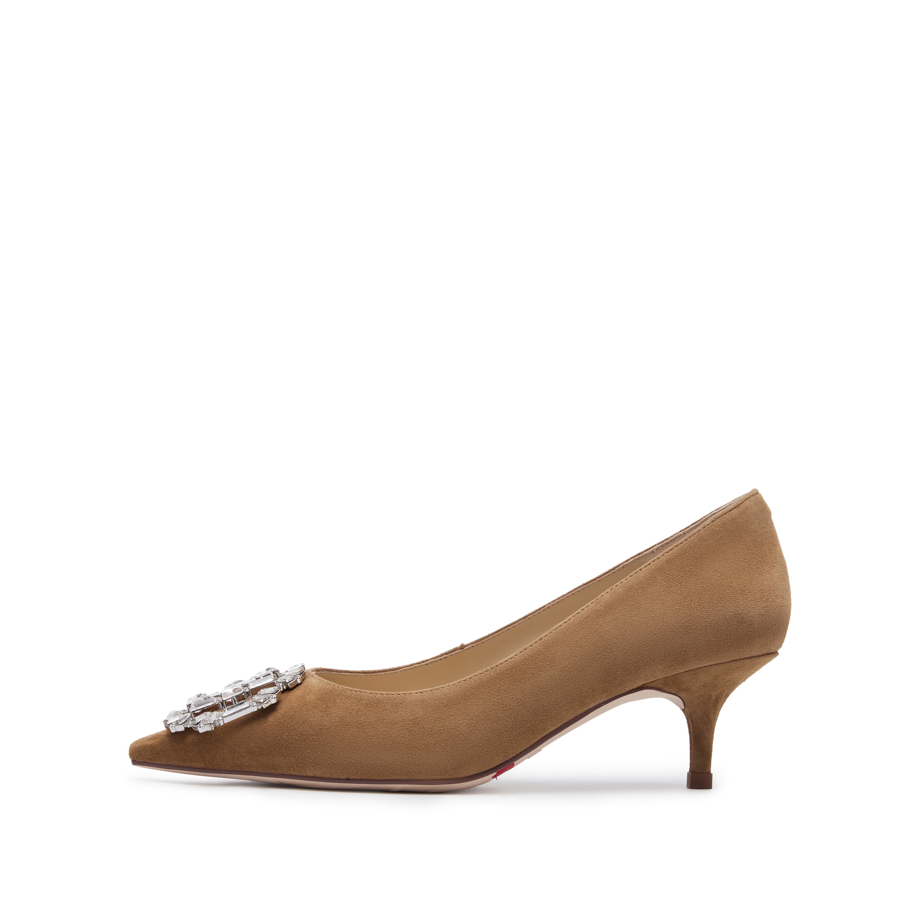 Brown Crystal Buckle Suede Heeled Pumps