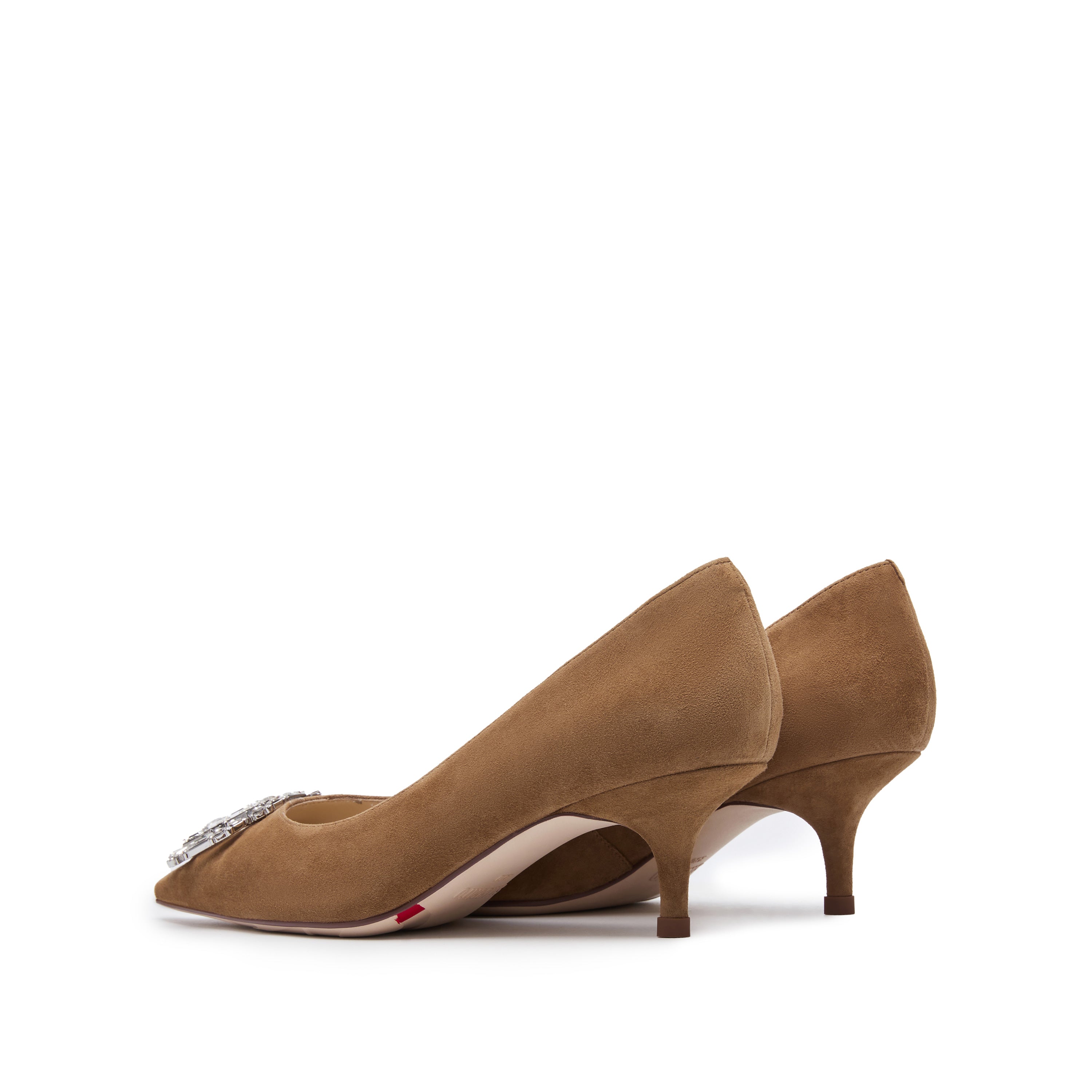 Brown Crystal Buckle Suede Heeled Pumps