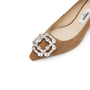 Brown Crystal Buckle Suede Heeled Pumps