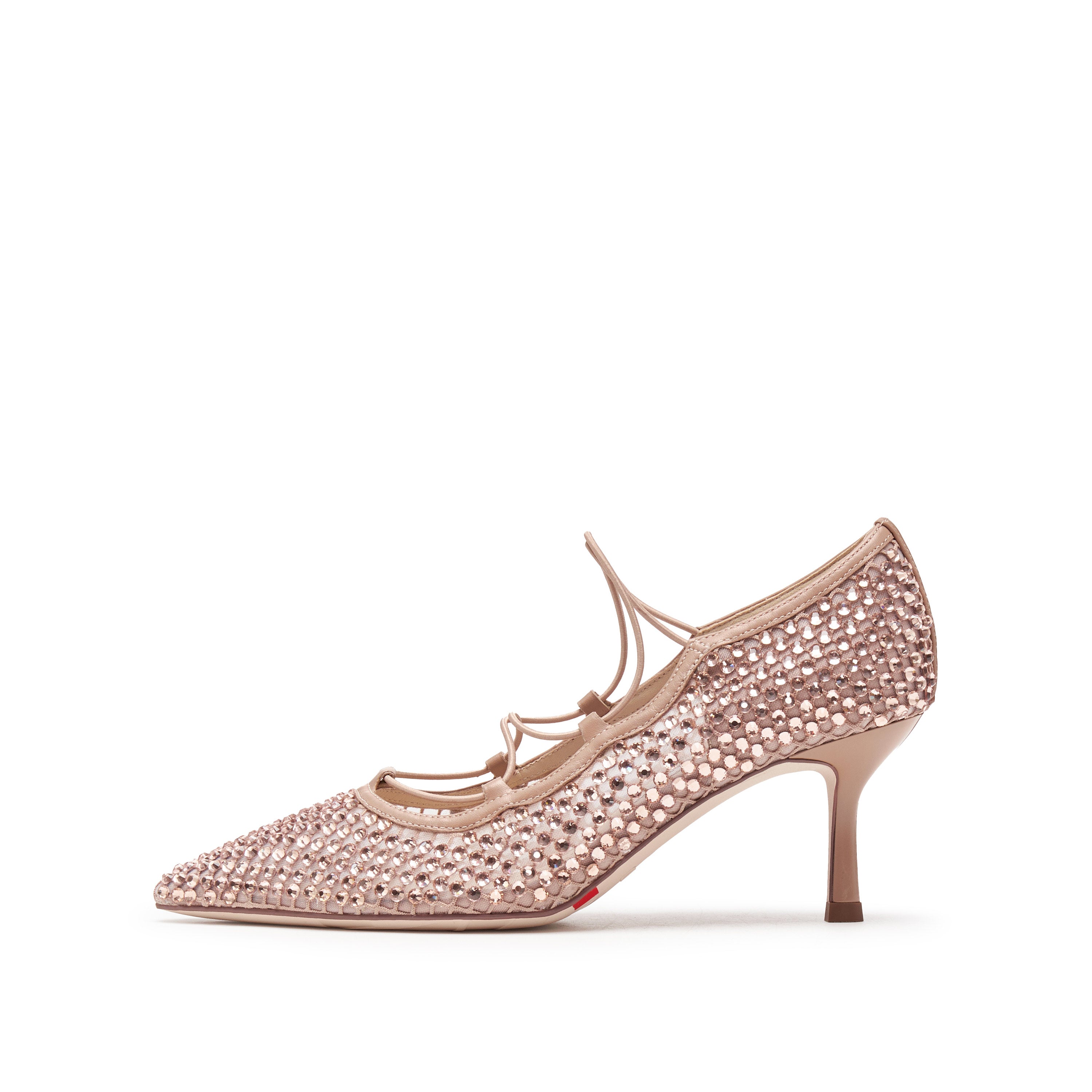 Pink Mesh Crystal Embellished Heeled Pumps