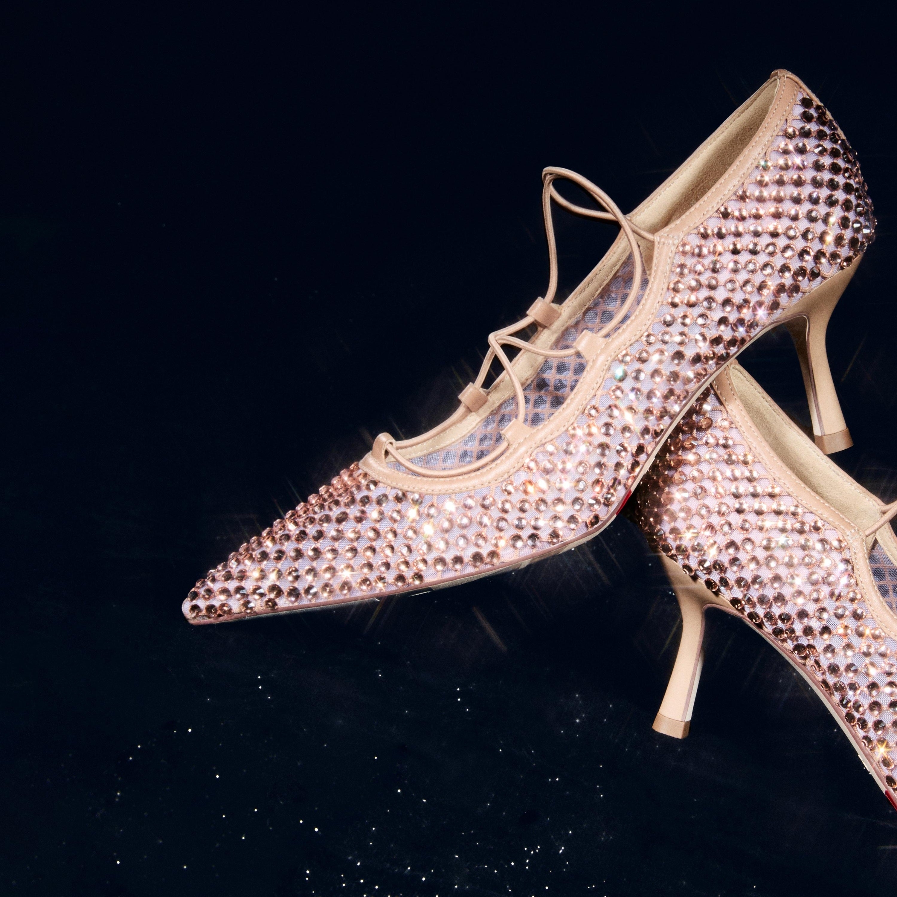 Pink Mesh Crystal Embellished Heeled Pumps