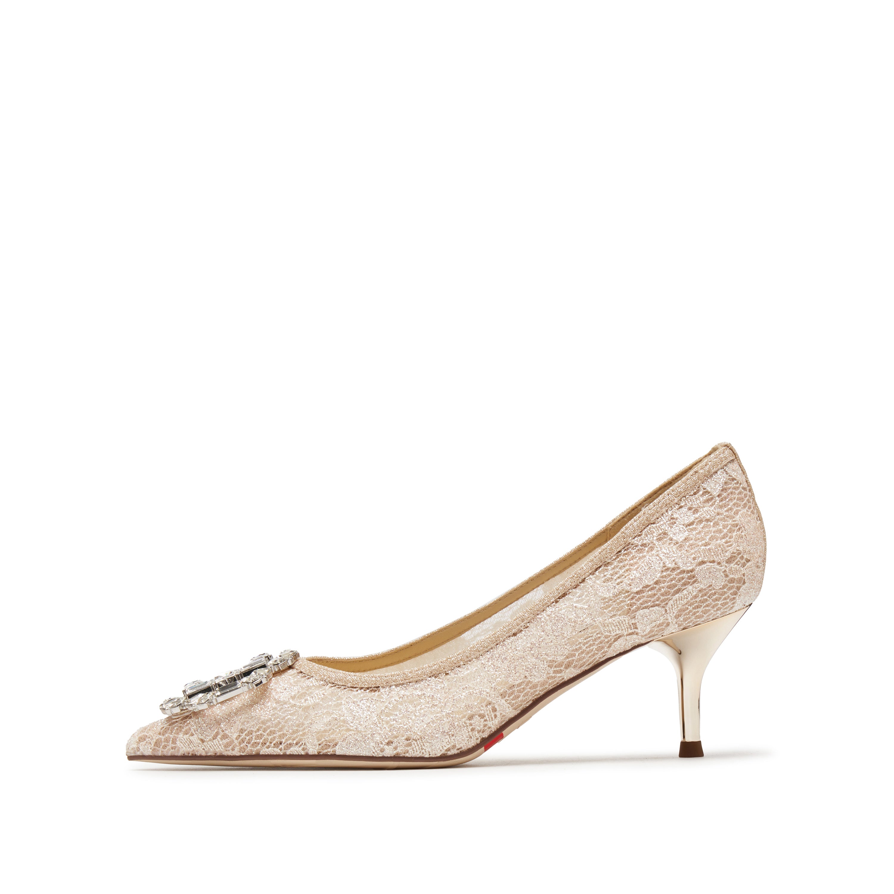 Champagne Crystal Buckle Lace Heeled Pumps
