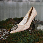 Champagne Crystal Buckle Lace Heeled Pumps