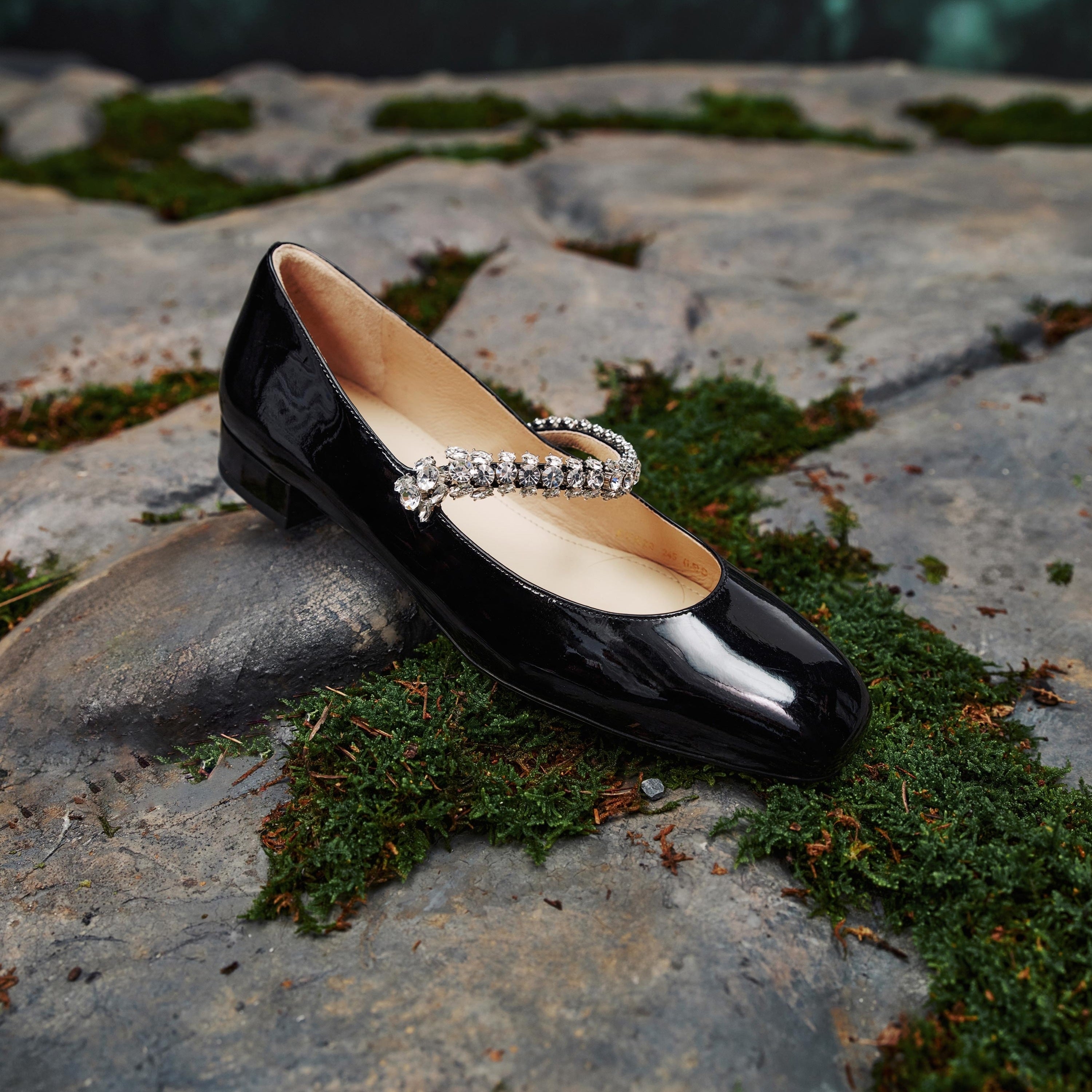 Black Patent Crystal Strap Mary Jane Flats