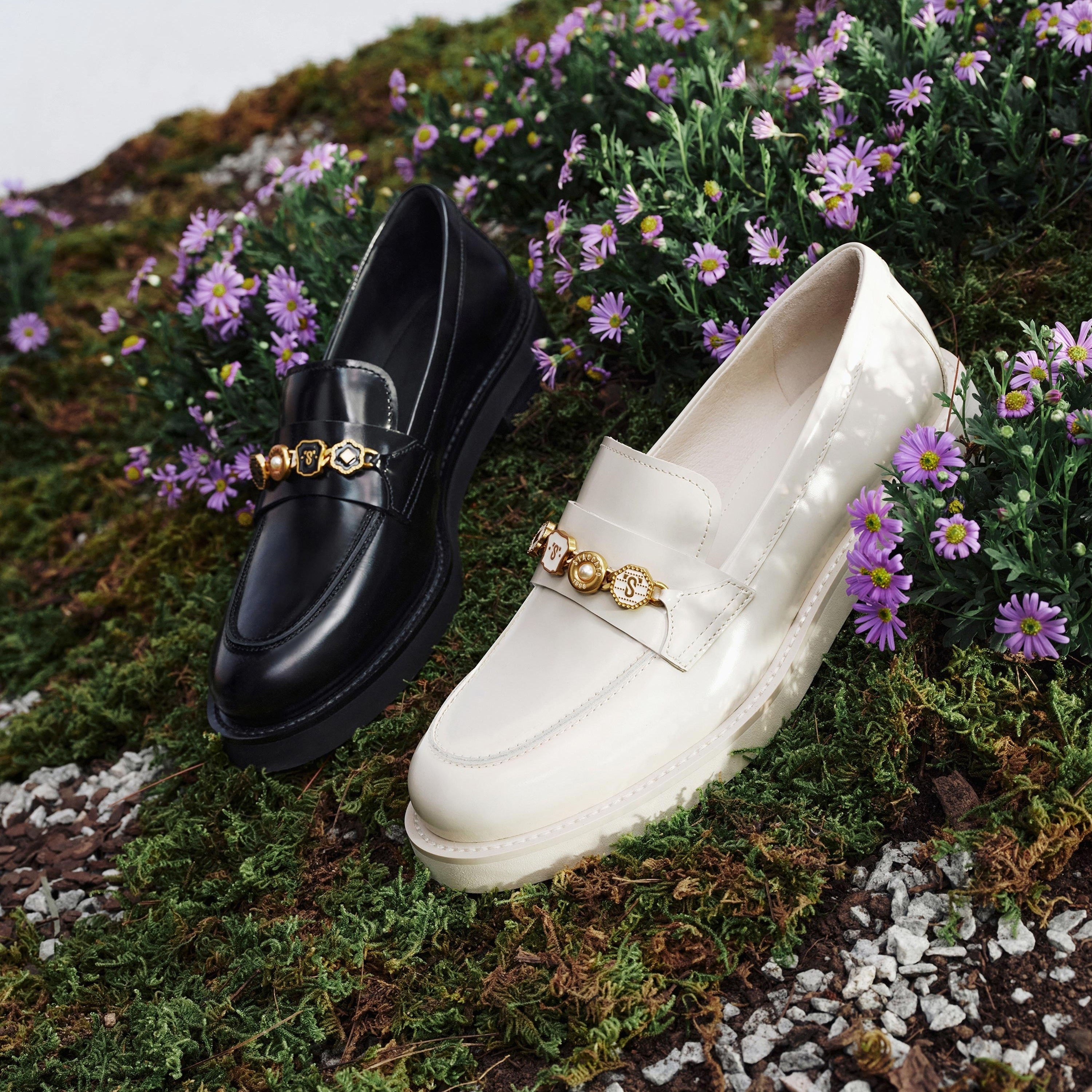 Beige Signature Charms Leather Loafers