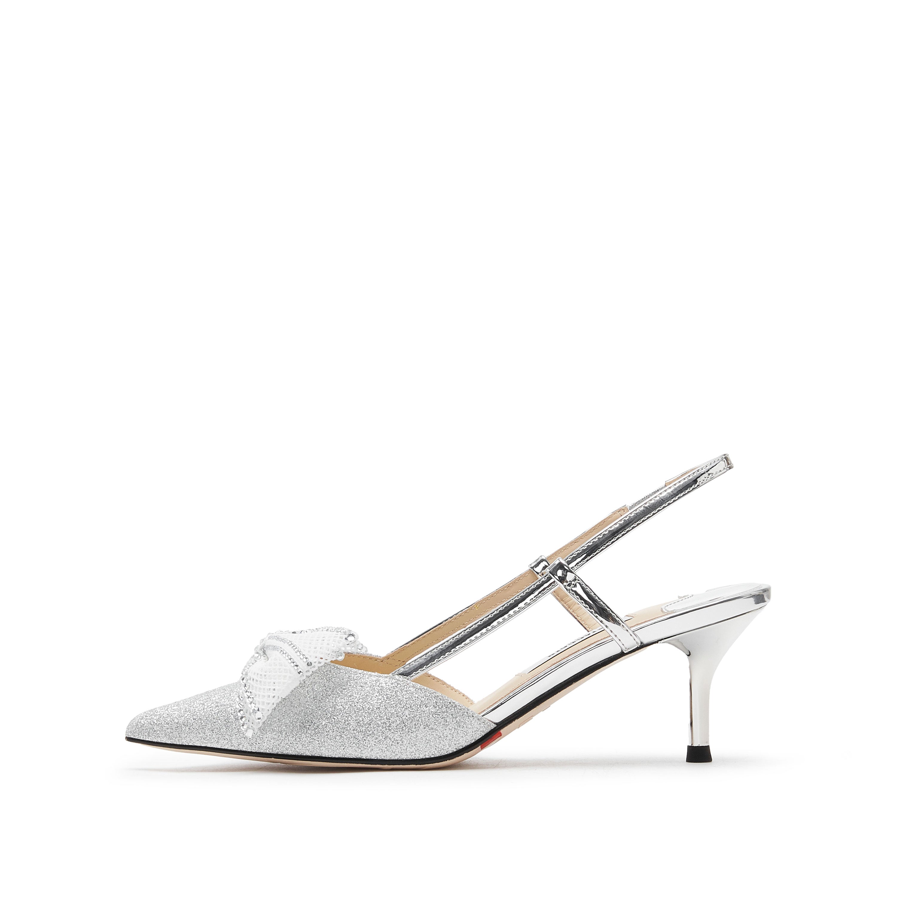 Silver Crystal Mesh Bow Glittering Slighback Pumps