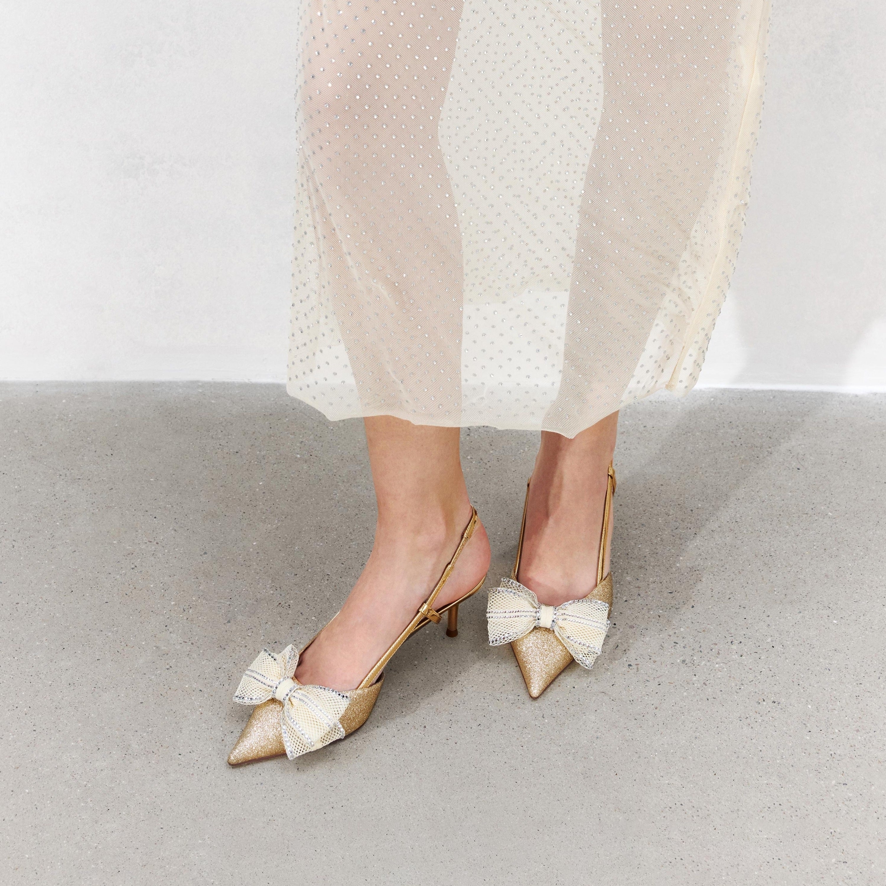 Champagne Crystal Mesh Bow Glittering Slingback Pumps
