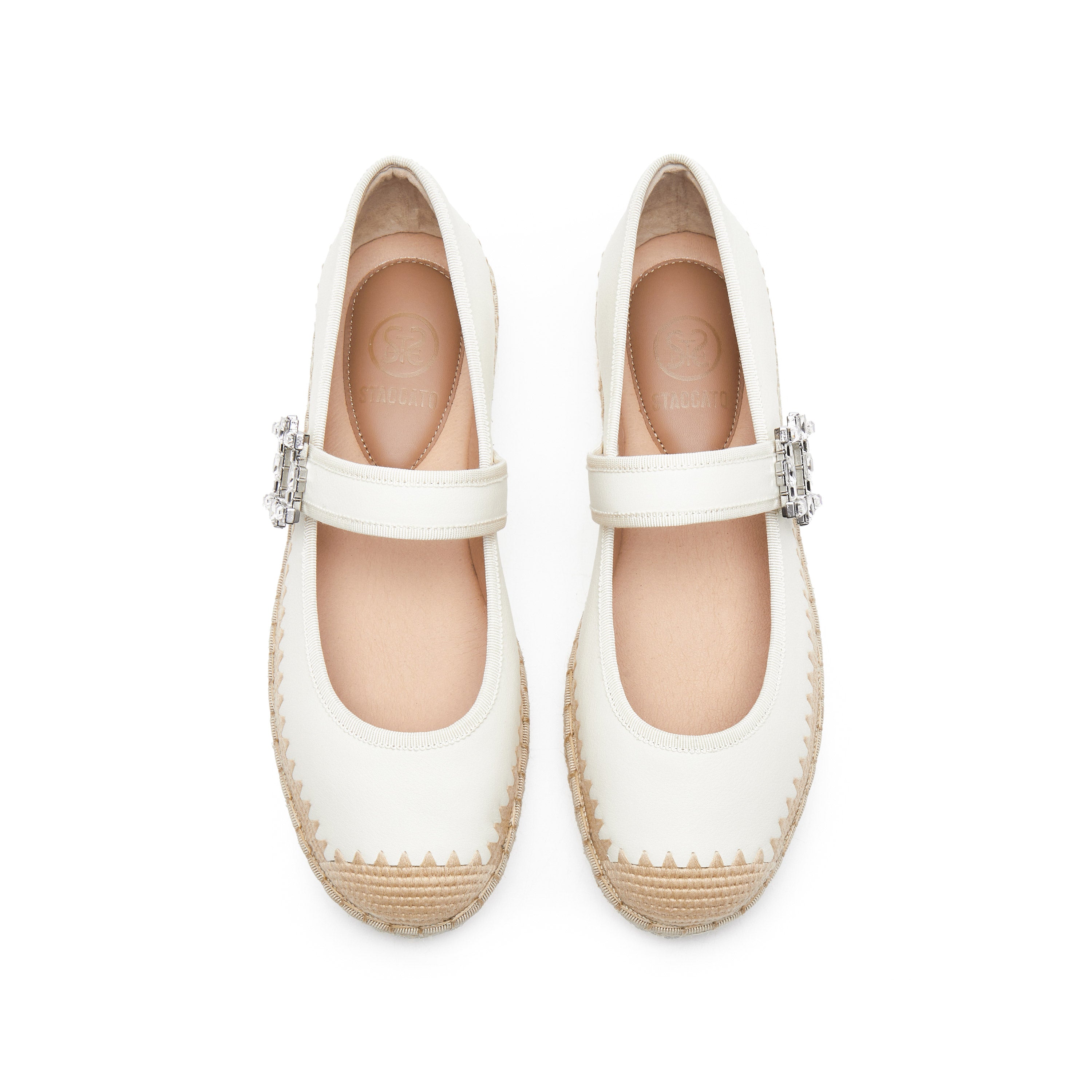 Beige Crystal Buckle Mary Jane Espadrilles