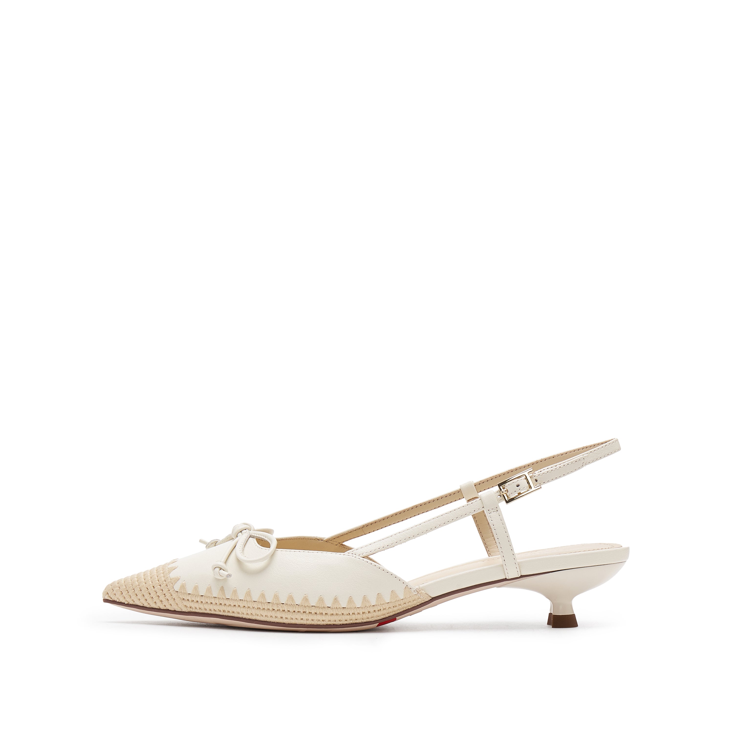 Beige Bow Raffia-embellished Pumps