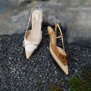 Beige Bow Raffia-embellished Pumps