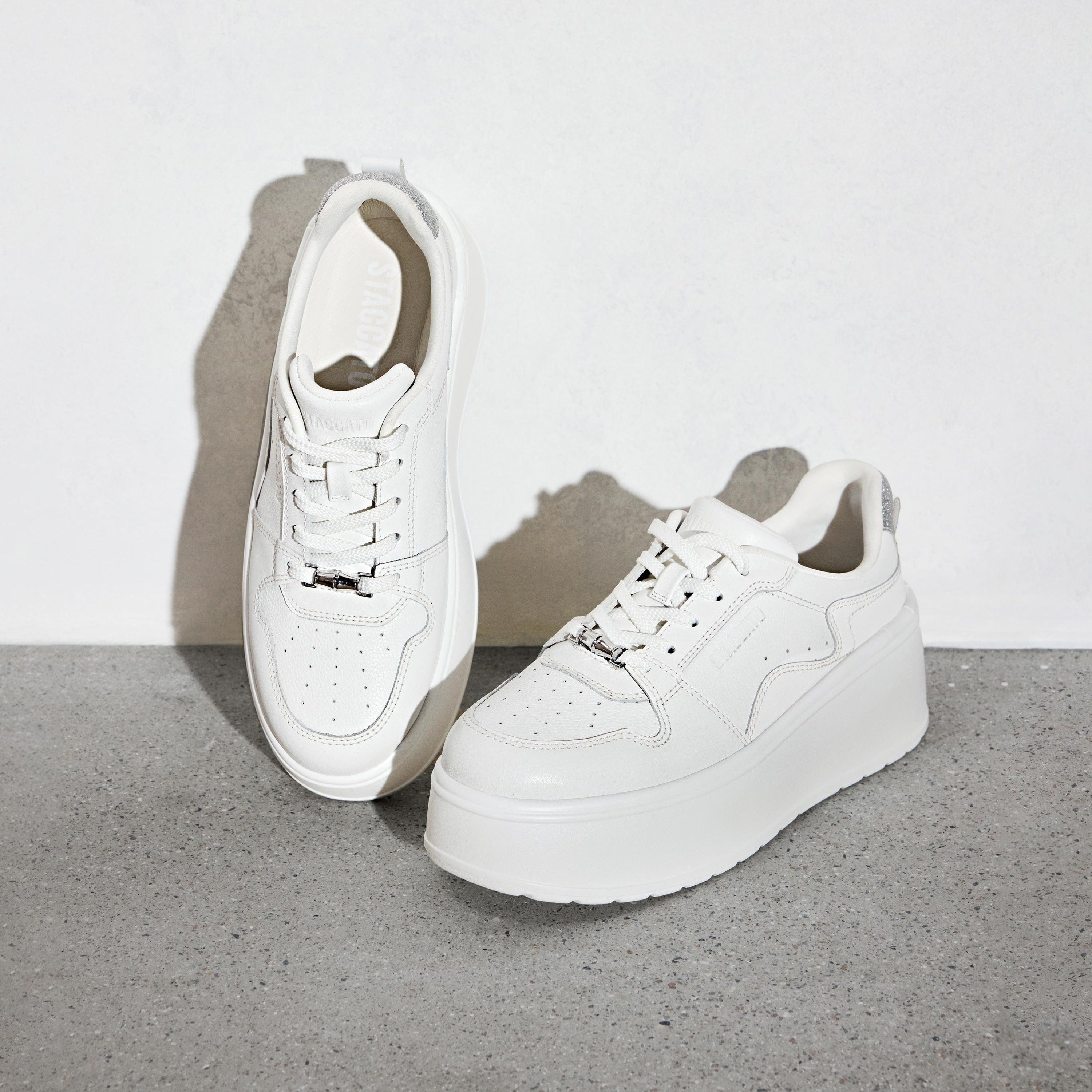 White Glitter Platform Leather Sneakers