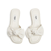 Beige Woven-Bow Leather Slides