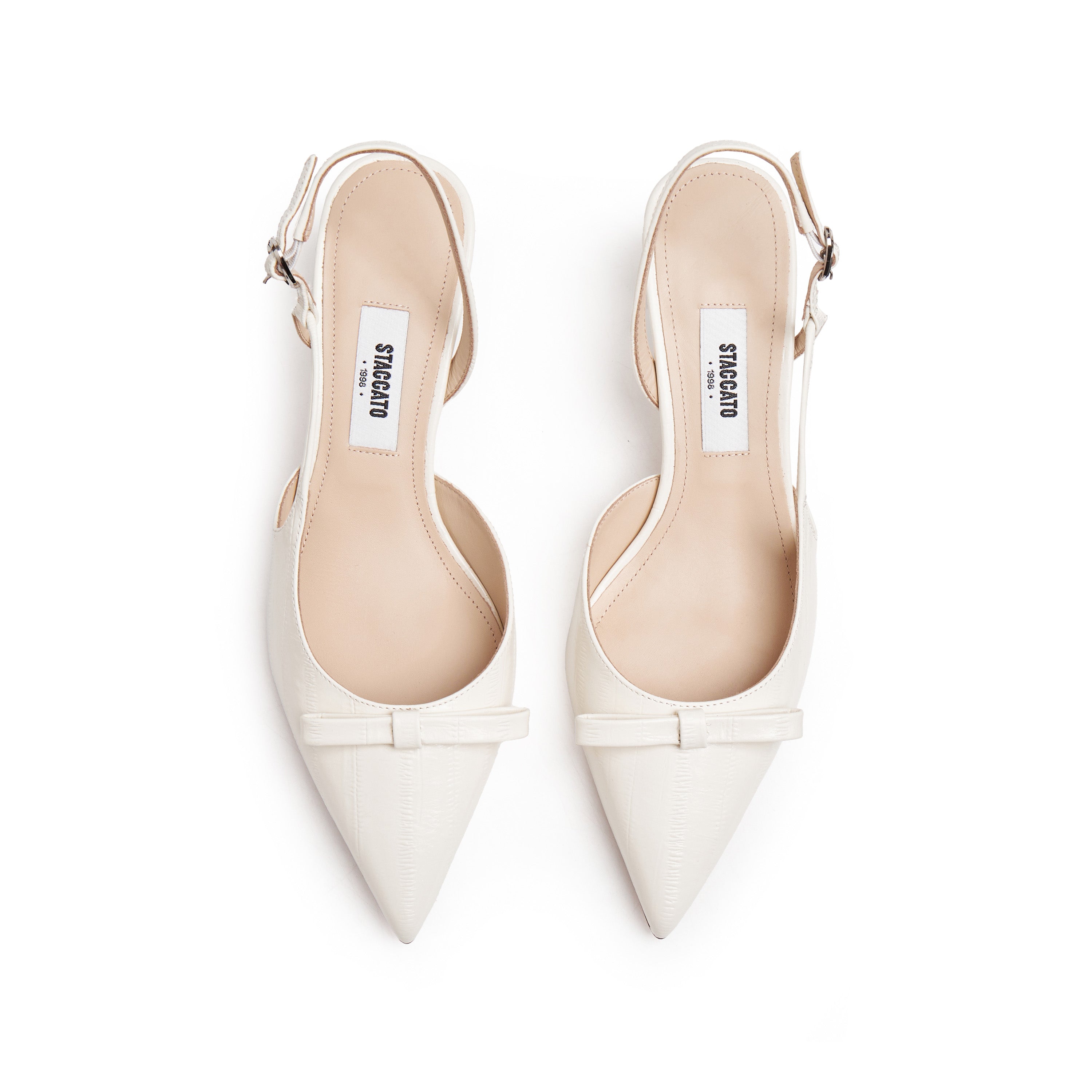 Beige Embossed Bow Slingback Pumps